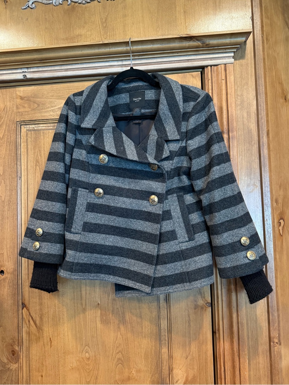 SMYTHE Les Vestes Gray & Black Striped Wool Cashmere Double-Breasted Jacket Sz10